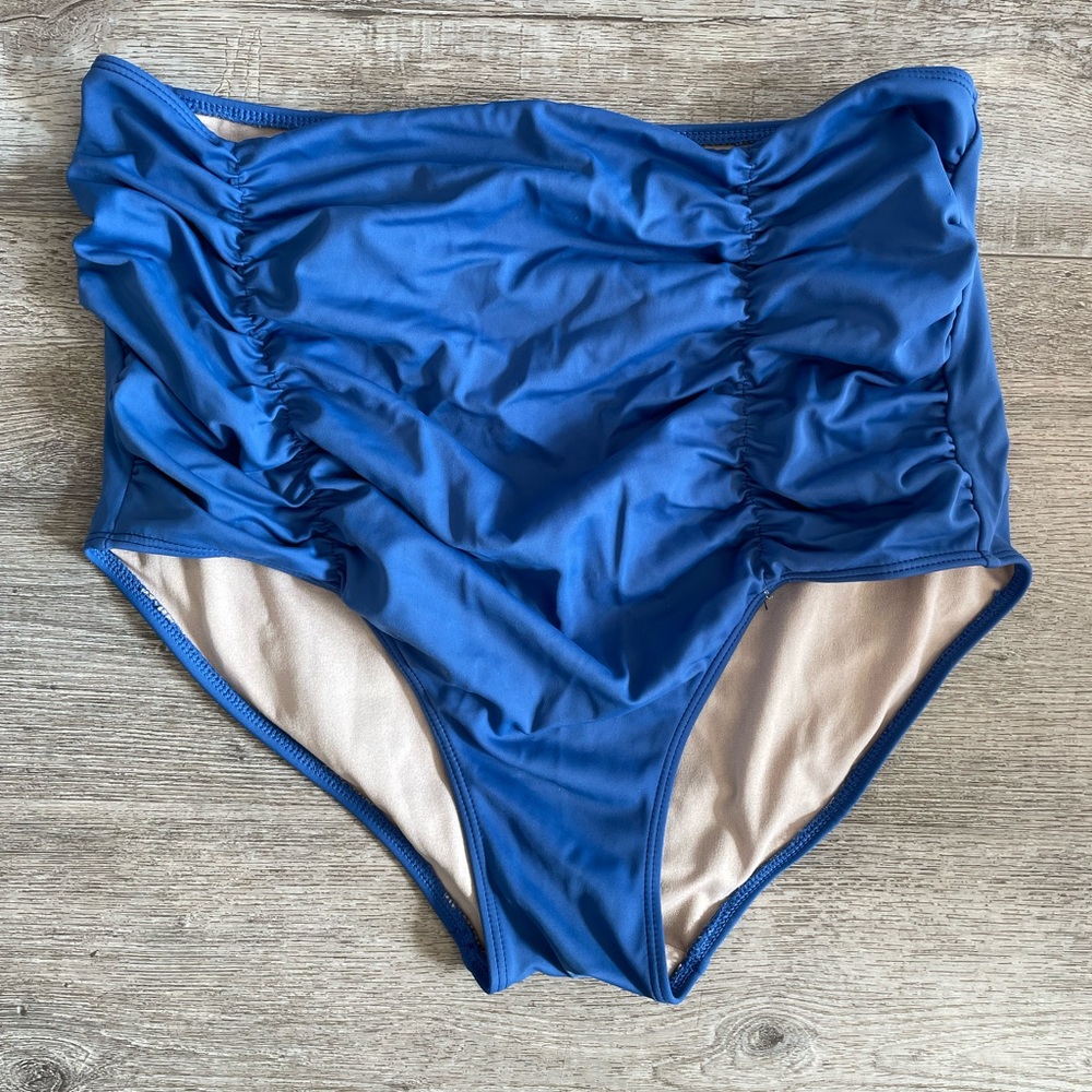 Kortni Jeane Blue High-Waisted Bikini Bottom with Ruching maternity